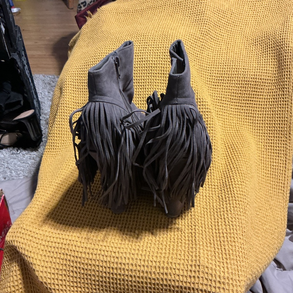 Liliana Charcoal Fringe Ankle Booties